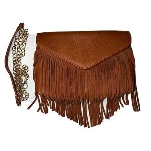 Moda Luxe Tan Leather Fringe Handbag W/ Detachable Strap